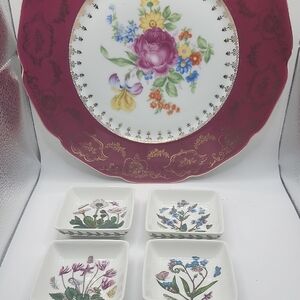 Portmeirion Botanic Gatden Tidbit Dishes And Vintage Burgandy/Gold Czech Plate